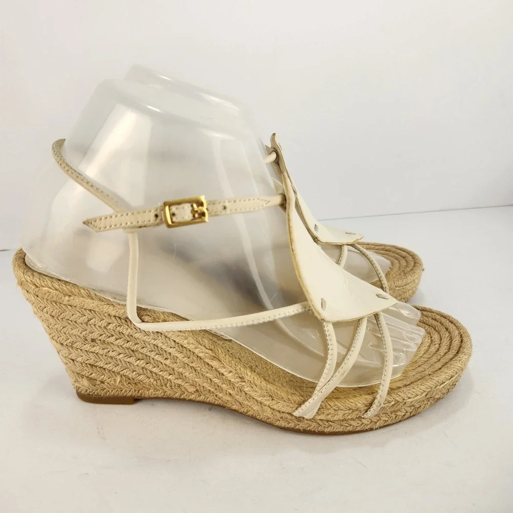 Tory Burch Women's Elegant‎ Minimalist Straps Espadrilles Wedge Sandals Ivory 8M